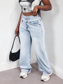 SHEIN Slayr Women's Front Button Pocket Frayed Edge Casual Denim Jeans