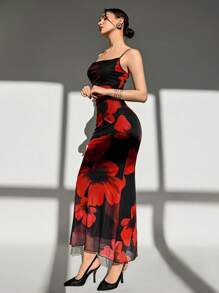 Aloruh Vestido elegante y romántico de ajuste ceñido con estampado de flor roja de malla y tirantes de espagueti con cola de pez