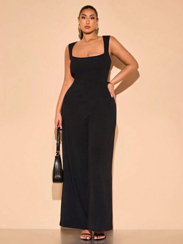 SHEIN BAE Plus Size Women's Black Sleeveless Wide Leg Jumpsuit For Spring & Summer, With Plunging Neckline & Button Details, Suitable For Graduation, Formal Occasions, Birthday, Bridesmaid, Elegant Everyday Wear