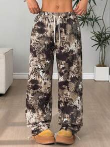 Flirla Women's Tie-Dye Printed Drawstring Waist Wide Leg Loose Pants Fall Cloth For Women - Army Green - View 1