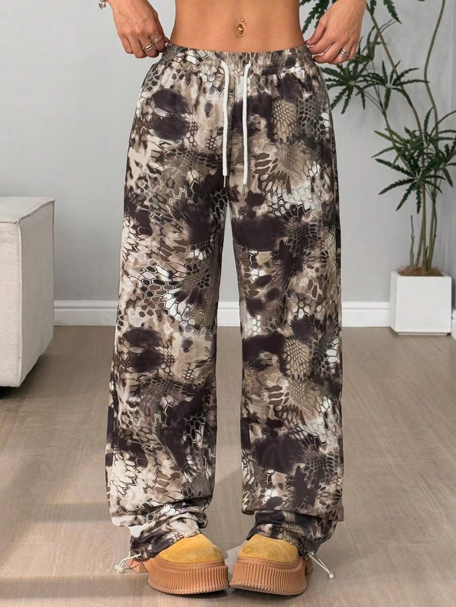 Flirla Women's Tie-Dye Printed Drawstring Waist Wide Leg Loose Pants Fall Cloth For Women - Army Green - View 1