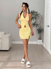 Flirla Asymmetric Lapel Button Vest & Low Waist Skirt Set - Yellow - View 4