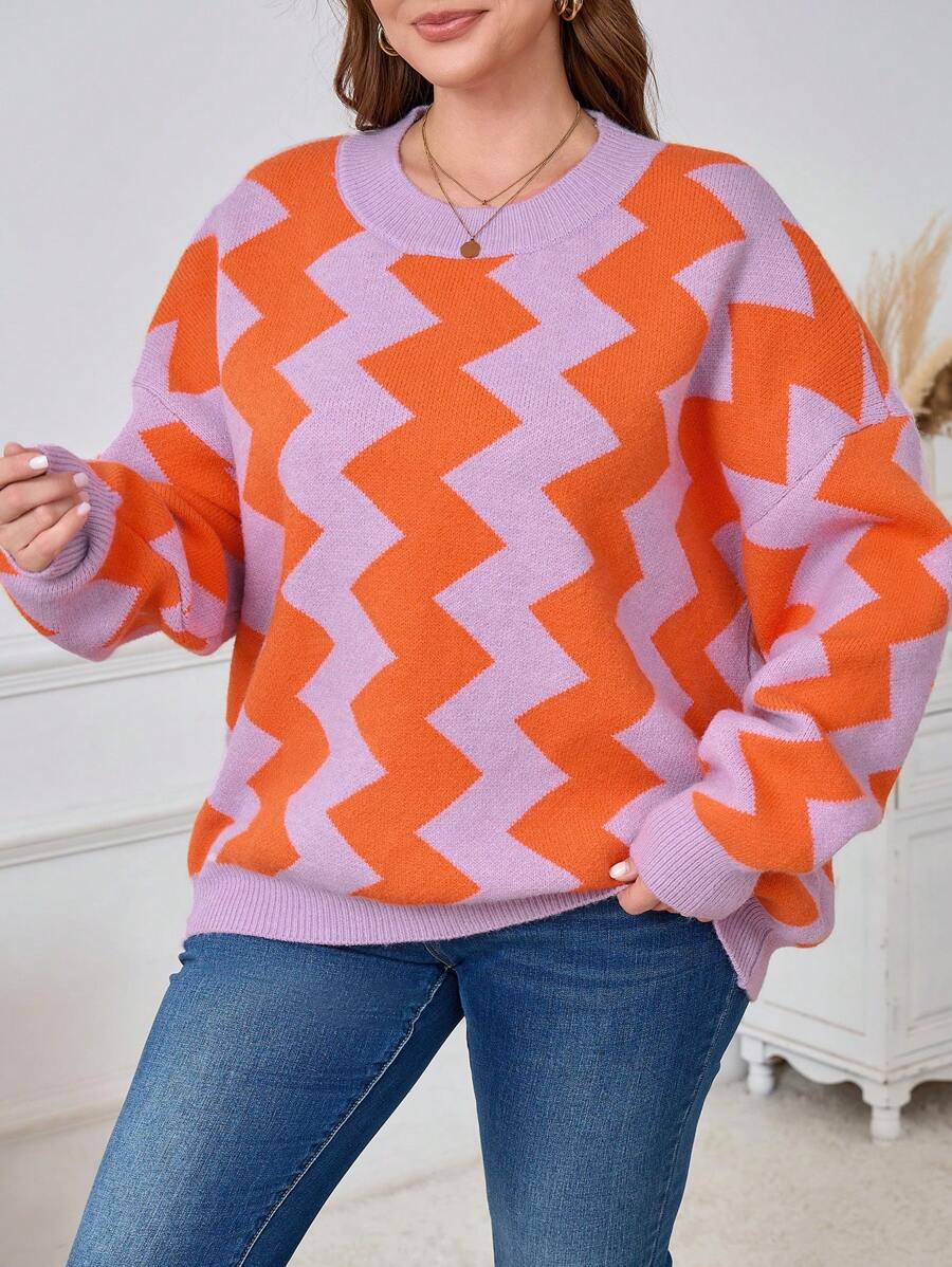SHEIN CURVE+ Plus Size Crew Neck Long Sleeve Striped Simple Knit Sweater, Casual Everyday Wear Knit Pullover Fall Winter - Multicolor - View 1