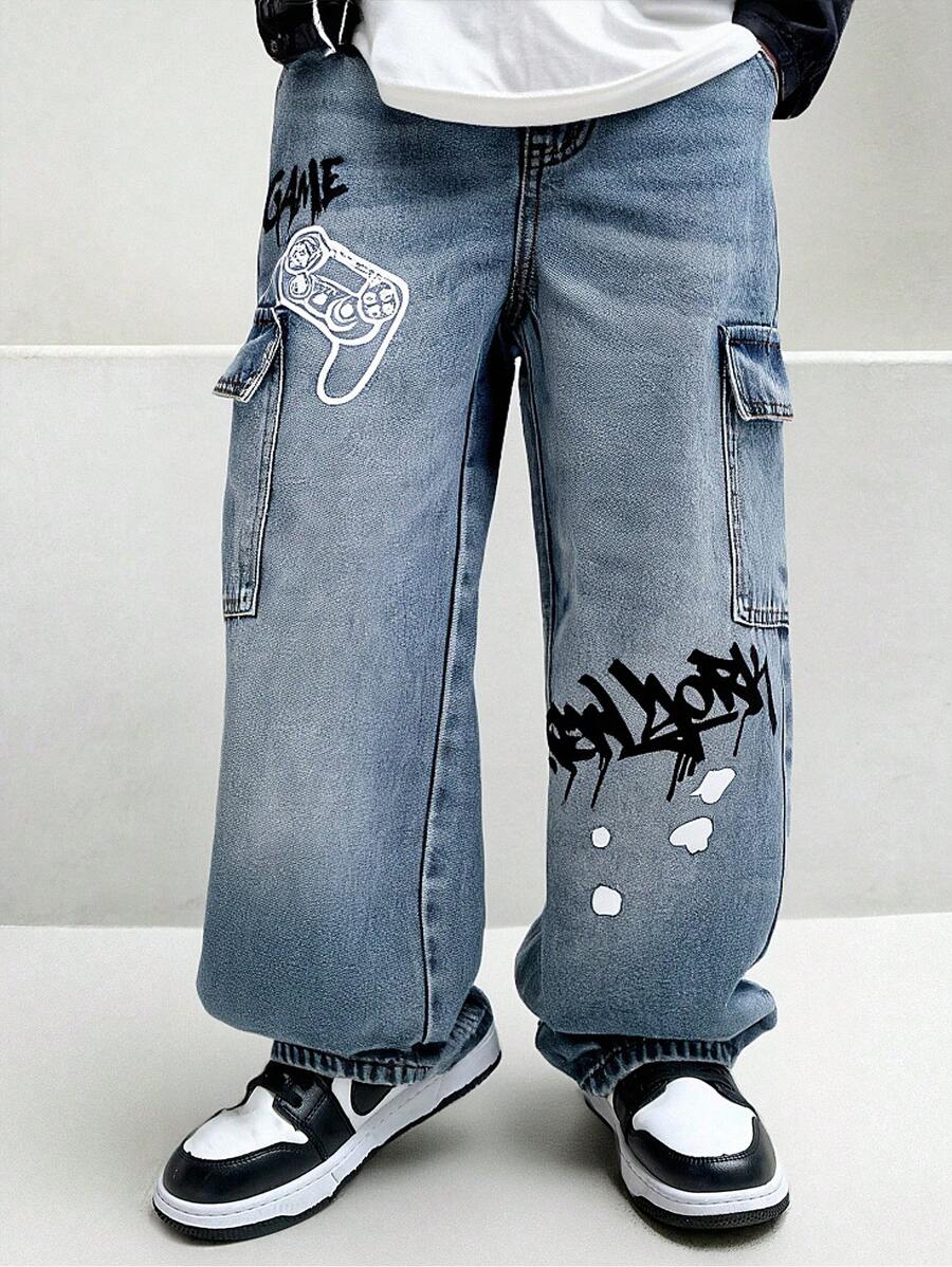 Coolqubz Denimly Tween Boy 休闲日常都市街头风格印花松紧腰拉链口袋工装裤