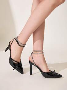 CUCCOO CHICEST Women's Pointed Toe High Heel Sandals, Strap Crossing Buckle Ankle Strap Crystal Decorated Stilettos, Elegant & Sexy Luxury Shiny Black Patent Leather Party/Wedding/Office Pumps Spring Shoes Spring Break Easter Prom Heels - Black - View 5