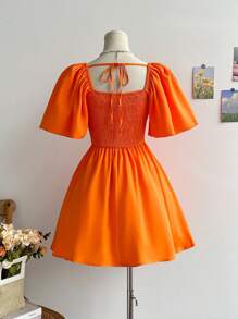 Soleia Orange Strapless Shirred Waist Balloon Sleeve A-Line Mini Dress For Women,Dress For Women,Vacation Dress Women,Birthday Dress For Women,Mardi Gras,Spring/Summer Dress For Women,Music Festival Outfit Women,Easter Dress Women,Western Wear Women,Graduation Dress