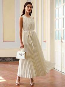 ZEYLAH Women's Crew Neck Sleeveless Pleated Maxi Belted Dress, Satin Dress