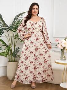 Modelyn 大码女式节日花卉印花甜心领灯笼袖连衣裙