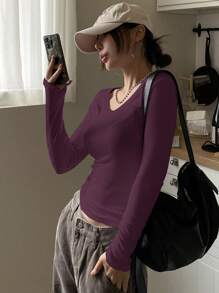 DAZY Casual All-Match Simple Solid Color Round Neck Long-Sleeved T-Shirt,Fall Clothes Long Sleeve Women Tops - Red Violet - View 5