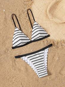SHEIN Swim 女士特殊材质黑白对比夏季海滩度假比基尼套装泳装 - 黑與白 - 查看 4