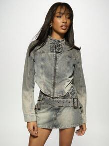 MISSGUIDED Vintage Style Biker Denim Jacket With Double Buckle Stand Collar Retro Motorcycle Fashion Cropped Zip-Up Design Fall Winter Streetwear Outerwear - Blue - View 6