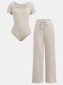 Girlism Tween Girls 2 件罗纹紧身衣和阔腿裤套装，舒适家居服健身运动服，休闲风格，长袖紧身衣和宽松裤子，秋冬基本必备品