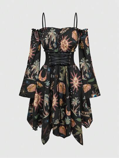 Goth Vestido con estampado de luna creciente y plantas misteriosas, hombros descubiertos y mangas acampanadas