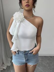 Chiquease Romantic Floral Print Bodysuit, Ruffle Trim White Elegant Bodysuit