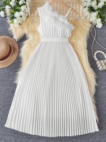 SHEIN Tween Girls Elegant Solid Color Asymmetric Ruffled Hem Pleated Dress - White - View 2