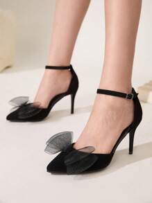 CUCCOO CHICEST 女士尖头高跟鞋，双层网眼蝴蝶结设计，优雅正式缎面天鹅绒高跟鞋，经典甜美风格，适合约会、下午茶、派对、浪漫场合