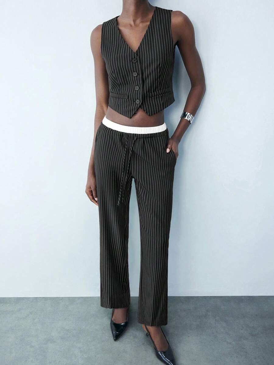 Maija Women Front Button Sleeveless Striped Minimalist Top And Trousers Pants Suit,Festival