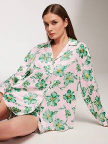 LUVLETTE Silky Satin Green Floral Print Button-Up Top & Shorts Loungewear Airy Women Pajama Set Pants With Pockets Lounge Sets For Women Lingerie