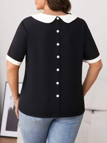 SHEIN LUNE Women's Versatile Slimming Color Block Peter Pan Collar Cuff Splicing Back Button Decor Detailed Short Sleeve Shirt - Black - View 2