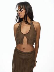 MISSGUIDED Elegant Crochet Two-Piece Set Ribbed Sweater Tank Top And Matching Maxi Skirt Coordinated Outfit Perfect For Spring Summer Beach Vacation Resort Wear - Army Green - View 3