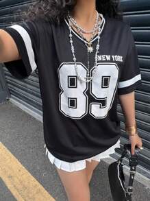 SHEIN Teen Girls Fashionable Loose Fit V-Neck Short Sleeve T-Shirt With Needle & Thread, Letter & Number Print For Spring/Summer - Black and White - View 5