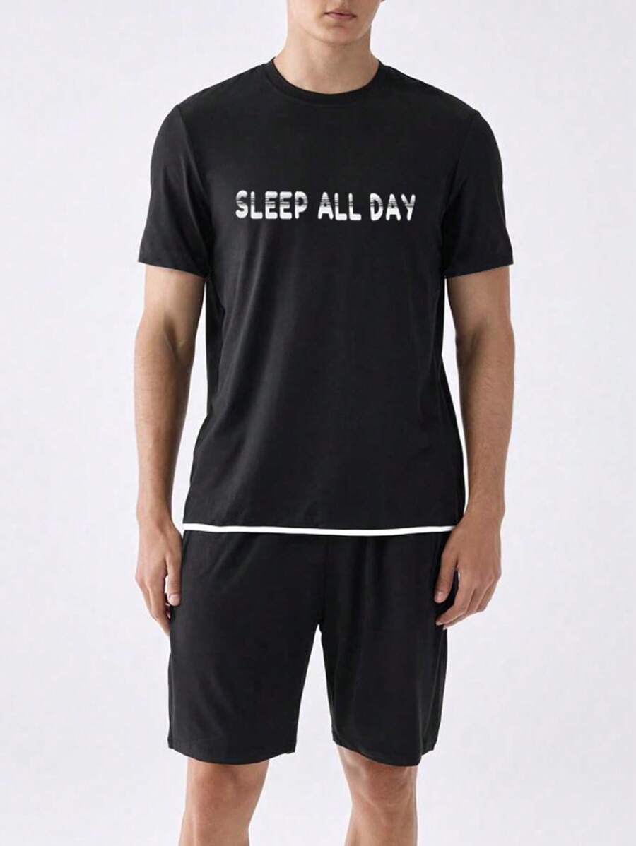 RueChic Men Letter Printed Regular Loungewear Homewear Set - Black - View 1