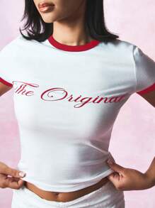 SUMWON WOMEN 原创标语图案 Baby Ringer T 恤短袖修身复古风格经典夏季休闲短款上衣时尚个性服饰