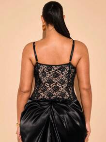SHEIN BAE Plus Size Elegant Sexy Women Black Lace Stitching Fishbone Waist Corset Cami Top, Suitable For Dates, Graduation Season, Weddings, Summer, Parties, Afternoon Tea, Casual Wear, Beach Vacation, Beach Top,Spring Break,Easter Women,Concert Women,Curve Tops,Black Corset Top,Lace Top,Top Curvy