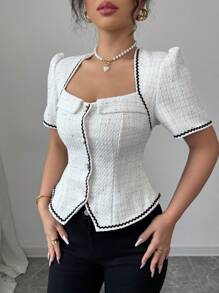 Elenzga Women Elegant Fitted Color Block Wave Patterned Short Sleeve Blouse - White - View 6