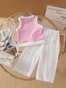BABY GIRL 纹理粉色条纹短款上衣和闪亮褶皱阔腿裤套装，休闲夏季服装 - 粉色 - 查看 2
