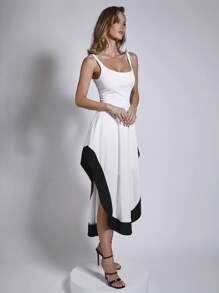 COSMINA Women's Elegant Black & White Asymmetrical Hem Mid-Length Slip Dress, Suitable For Office And Commuting, Spring/Summer