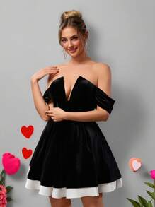 SHEIN Belle Elegante abito da cocktail nero di lusso in velluto, a linea ad A con spalle scoperte, abito da ospite di matrimonio, abito da festa, abito da ballo - nero - Visualizzare 4