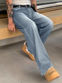 DAZY 男式宽松口袋直筒休闲宽松牛仔裤 - 淺藍色 - 查看 4