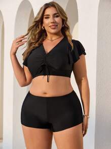 SHEIN Swim Curve Plus Size Jednolity Kolor Wiązany Swobodny Dopasowany Dopasowany Top z Dekoltem w Serek i Szorty Zestaw Tankini, Na Letnie Wakacje Na Plaży