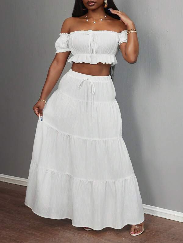 Slaydiva Große Größen Sommer Strandurlaub Französisch süß Liebes Off-Shoulder Raffungen Volant Bluse & Bindung Taille Volant Saum Maxirock 2 teiliges Resort Set - Weiß