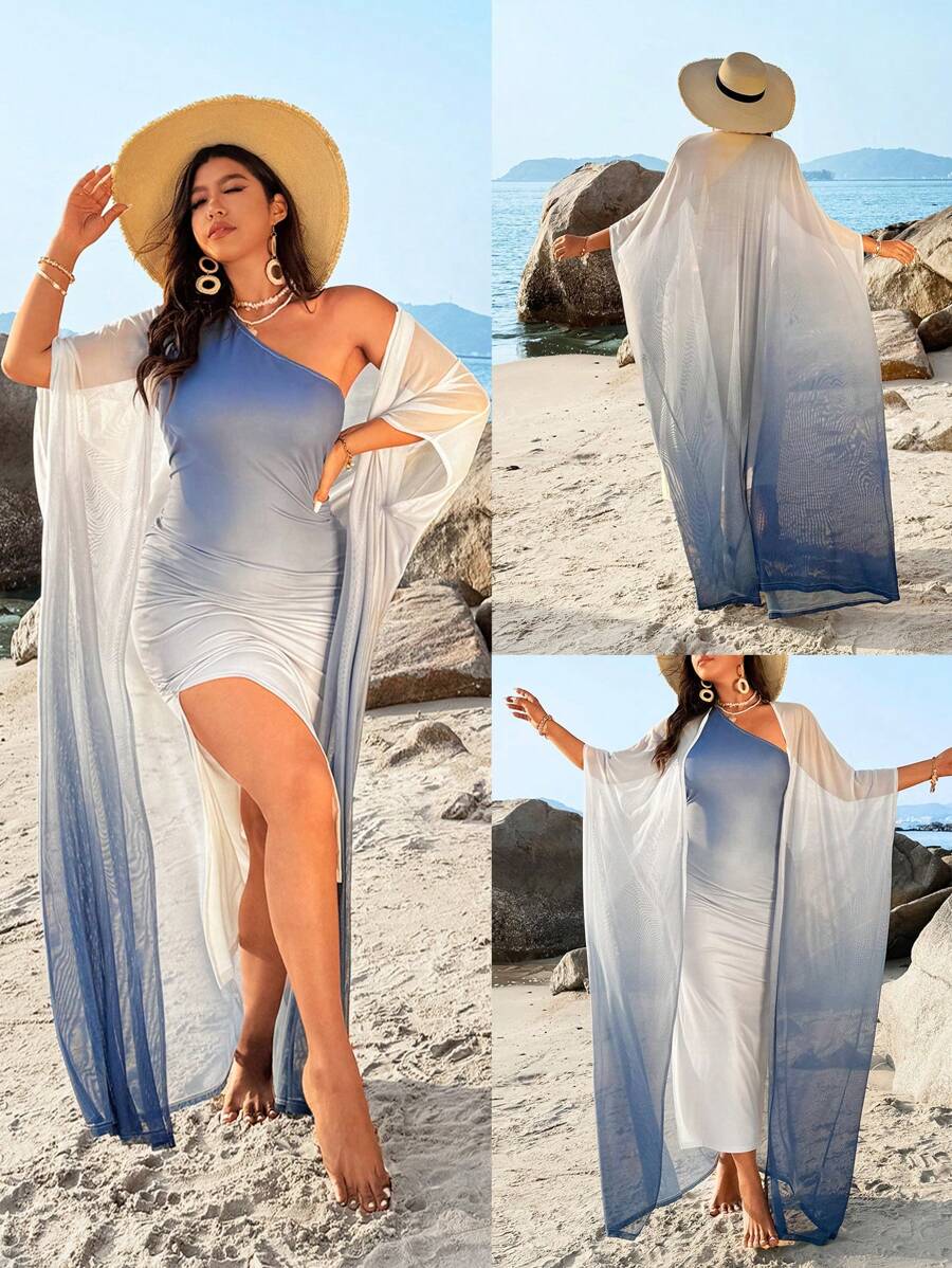 Flirla Plus Size 2pcs/Set Fitted Ombre Print Knitted Jacket & Asymmetrical Neck Dress - Blue - View 1