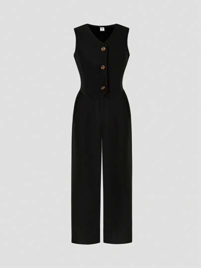 Conjunto de 2 piezas de chaleco y pantalones de unicolor casual para niña joven