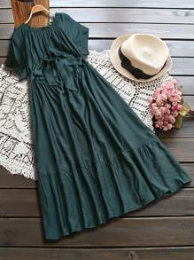 Linhara Plus Size Solid Dark Green Backless Bow, Ruffle Hem Dress - Cooling, Stress Relief Outfit, Evening Gown, Elegant Fashion Women Lounge, Summer Outfits For Women, St. Patrick's Day, Rave Outfits, Festival, Spring Break Outfits, Saint Patrick, Boho