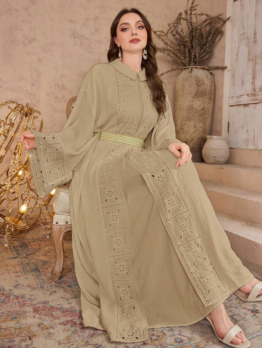 Al Najma Women's Embroidered Patchwork Turkish & Arabian Style Maxi Robe Dress Kaftan Jalabiya Dress - Khaki - View 1