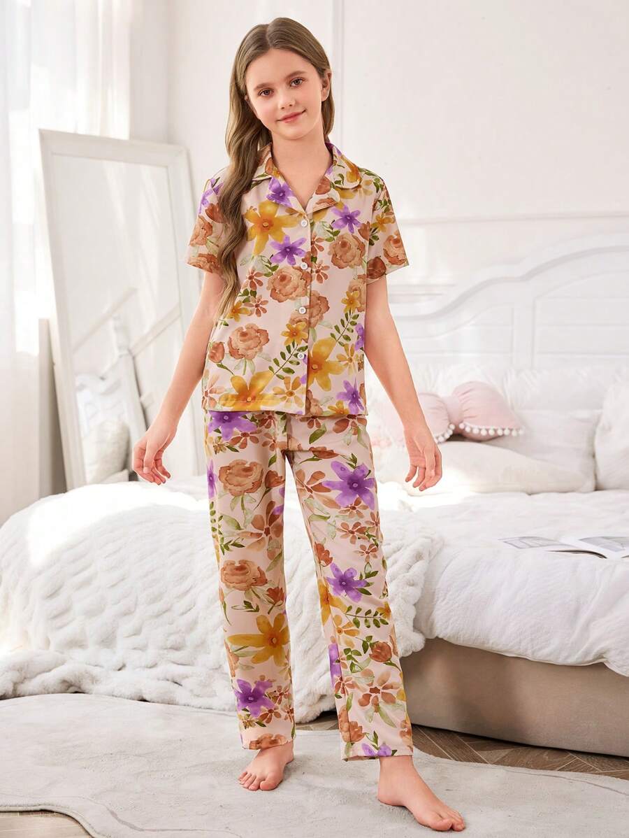 2pcs Tween Girl Elegant Casual Flower Print Short Sleeve Top And Long Pants Sleepwear Sets