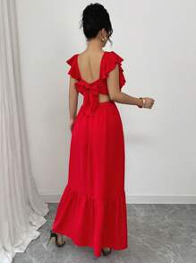Elenzga New Flowy Open Back Bowknot Women Long Dress - Red - View 4