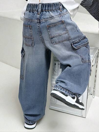 Coolqubz Denimly Tween Boy Casual Daily Urban Street Style Printed Elastic Waist Zipper Pocket Cargo Pants, School, Campus, College Summer Holiday,Unisex