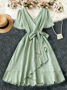 DreamSkyne Vestido mini casual/de trabajo de manga corta con cuello en V y cintura ceñida en color verde menta para mujer de talla grande, apropiado para citas, reuniones, traslados a la oficina, uso diario, Día de San Patricio y talla grande