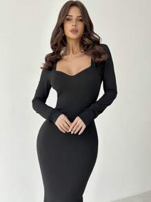 SHEIN Privé 女士黑色心形领长袖蕾丝拼接下摆修身连衣裙，适合情人节、音乐会、演出、约会、派对、舞会、婚礼等场合，性感、优雅，通勤、返校、度假、海滩、浪漫 - 黑色 - 查看 7