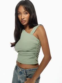 MISSGUIDED Top corto asimmetrico con una spalla, arricciato, senza maniche, adatto per feste, club, serate, aderente, di moda contemporanea, colore verde salvia, per Natale - Verde - Visualizzare 3