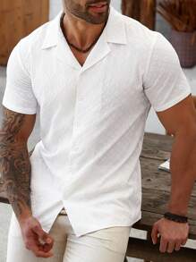 Manfinity Homme Plus Size Men's Casual Solid Color Textured Short Sleeve Shirt - Beige - View 3
