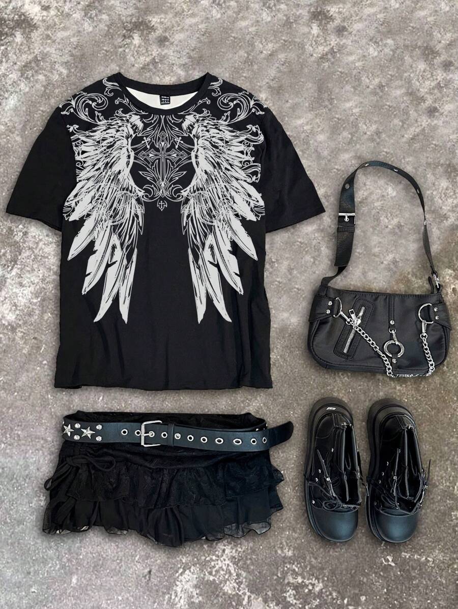 Attitoon Retro lässiger Y2K Punk Rock Stil Vollflügel Grafik Loose Rundhals Kurzarm T-Shirt für Frauen - Weiss - Übersicht 1