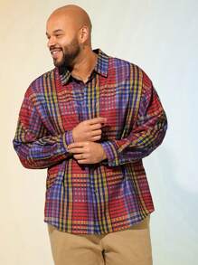 Manfinity VCAY 大码男士宽松休闲格子长袖编织衬衫 - 彩色 - 查看 3