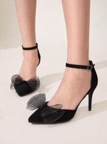 CUCCOO CHICEST 女士尖头高跟鞋，双层网眼蝴蝶结设计，优雅正式缎面天鹅绒高跟鞋，经典甜美风格，适合约会、下午茶、派对、浪漫场合