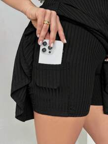 SHEIN Essnce Plus Size Women's Summer Workout Dress Womennew Fashion Casual Commuter Sports Gym Jogging With Shorts Inside One-Piece Polo Collar Short Dress, Black Casual Dress, Cruise Attire Women Graduation Dresses For Women Going Out Outfits Airport Outfit For Women ,Sports Dress Biker Shorts Dress - Black - View 7